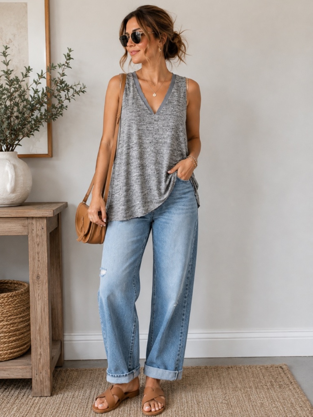 NWT Zara Gray V-Neck Sleeveless Tunic Top Relaxed Fit Raw Edge Size M
